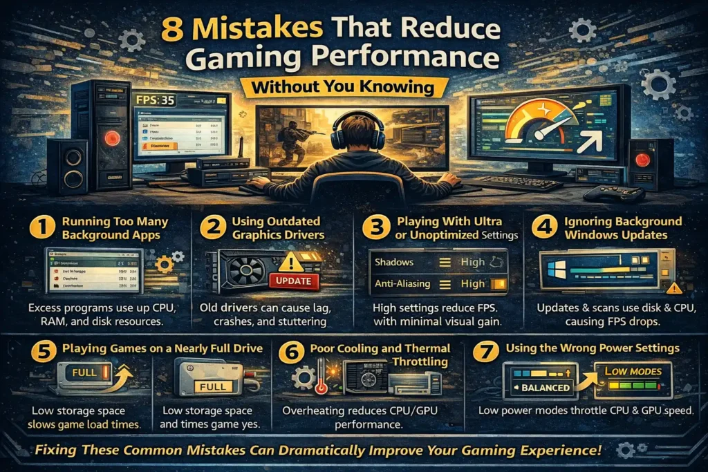 Infographic showing common mistakes that reduce gaming performance and cause lag in PC games.