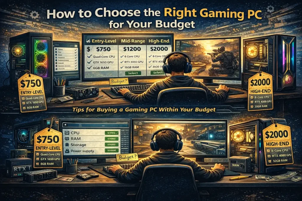 Guide explaining how to choose the right gaming PC based on budget, performance, and gaming needs.