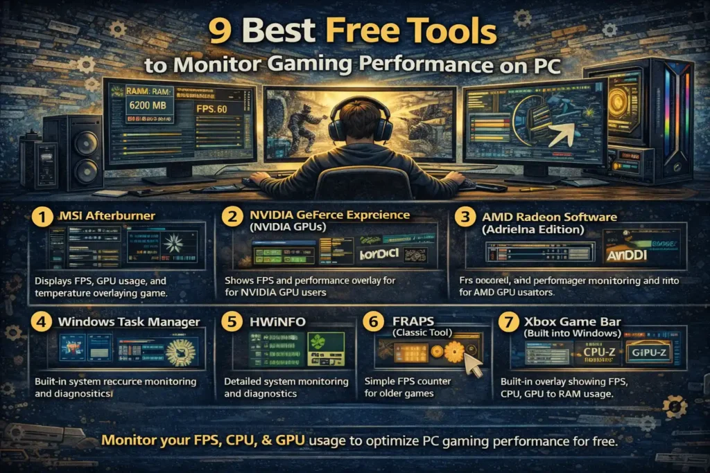 Infographic showing the best free tools to monitor gaming performance on PC.