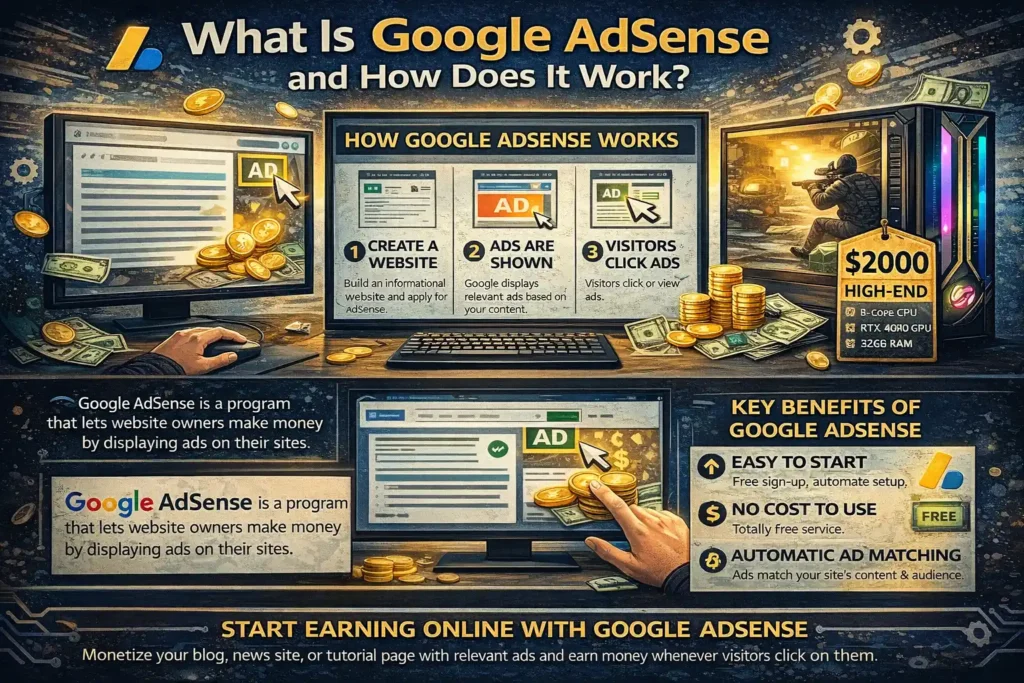 Illustration explaining what Google AdSense is and how it works for website monetization.