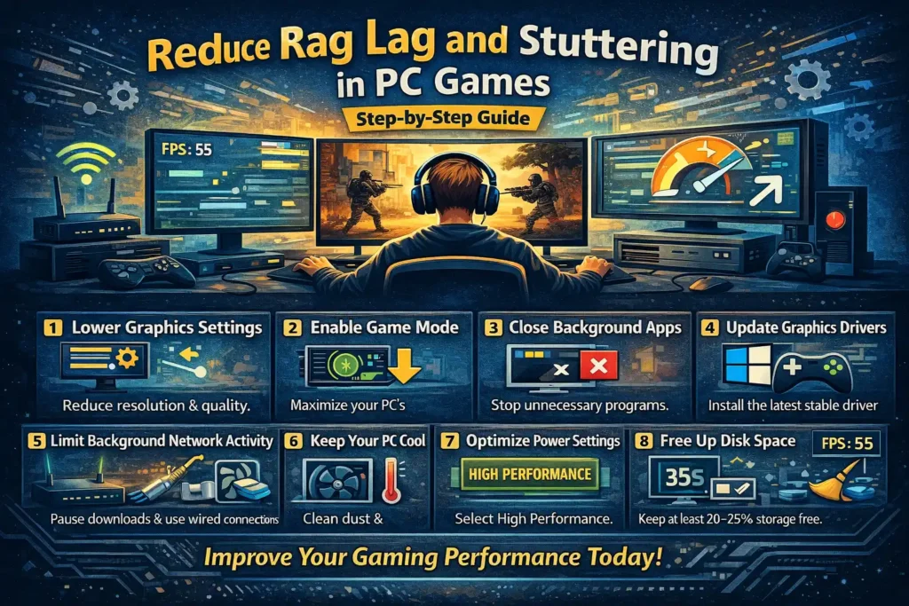 Step-by-step guide showing how to reduce lag and stuttering in PC games using performance optimization tips.