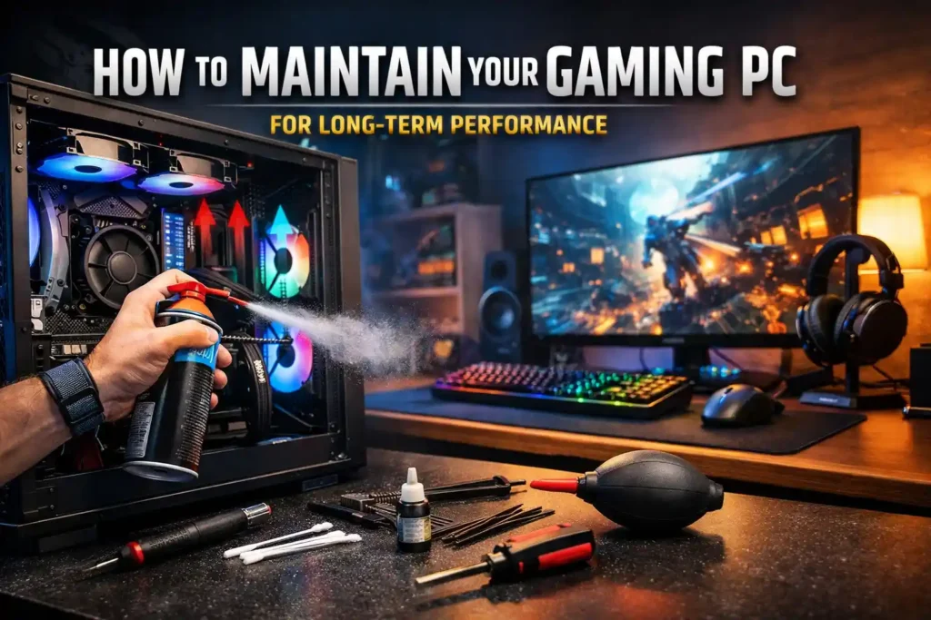 Gaming PC maintenance showing clean PC case with proper airflow